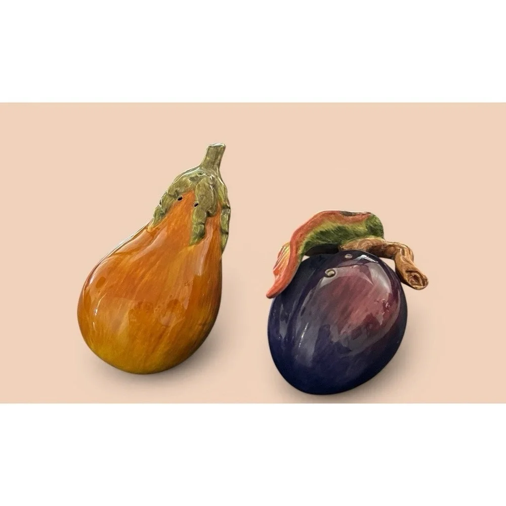 Fitz & Floyd Eggplant And Squash Salt Pepper Shaker Set Multicolor Vintage Leaf